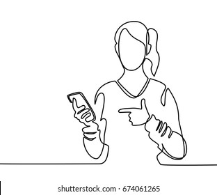 Continuous line drawing. Happy beautiful young woman holding mobile phone and pointing finger. Vector illustration