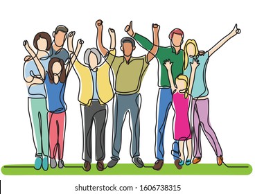 continuous line drawing of happy big family cheering