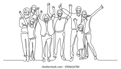 continuous line drawing of happy big family cheering wearing face masks