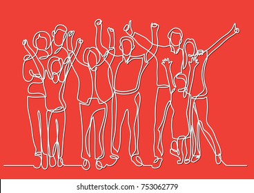 continuous line drawing of happy big family cheering