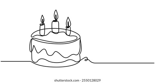 Continuous Line Drawing of Happy Birthday Icon. Hand Drawn Symbol Vector Illustration, Birthday Cake Continuous One Line. Anniversary celebrate in Line Art. Isolated white Background, Continuous Line.