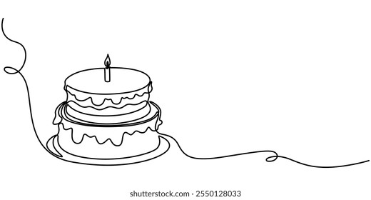 Continuous Line Drawing of Happy Birthday Icon. Hand Drawn Symbol Vector Illustration, Birthday Cake Continuous One Line. Anniversary celebrate in Line Art. Isolated white Background, Continuous Line.