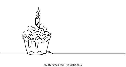 Desenho de linha contínua do ícone de feliz aniversário. Ilustração De Vetor De Símbolo Desenhado À Mão, Bolo De Aniversário Contínuo Uma Linha. Aniversário comemorar em Line Art. Fundo branco isolado, linha contínua.