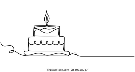 Desenho de linha contínua do ícone de feliz aniversário. Ilustração De Vetor De Símbolo Desenhado À Mão, Bolo De Aniversário Contínuo Uma Linha. Aniversário comemorar em Line Art. Fundo branco isolado, linha contínua.
