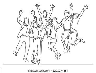 continuous line drawing of happy business team jumping joy