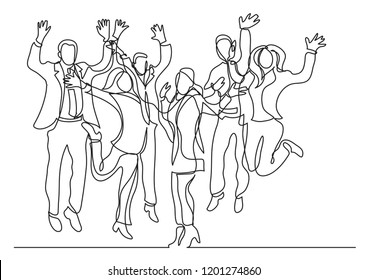 continuous line drawing of happy business team jumping joy