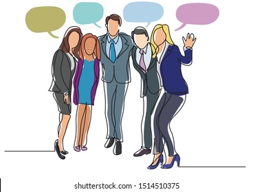 continuous line drawing of happy business team standing
