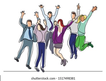continuous line drawing of happy business team jumping joy