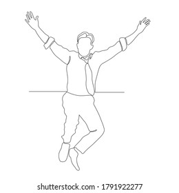 continuous line drawing of happy business man jumping joy