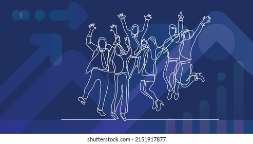 continuous line drawing of happy business team jumping joy