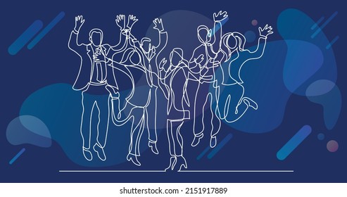 continuous line drawing of happy business team jumping joy