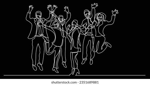 continuous line drawing of happy business team jumping joy wearing face masks