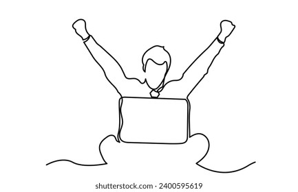 Continuous line drawing happy businessman in front of laptop raising hands. Happy cheering young man with a laptop. Concept of Business Success. Single line drawing vector design illustration.
