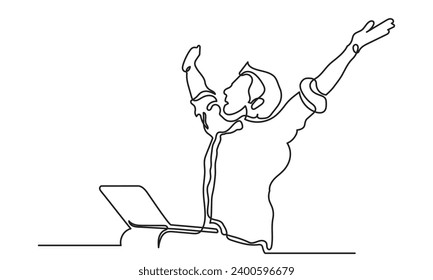 Continuous line drawing happy businessman in front of laptop raising hands. Happy cheering young man with a laptop. Concept of Business Success. Single line drawing vector design illustration.
