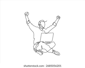 Linha contínua desenhando homem de negócios feliz na frente do laptop levantando mãos. Feliz animando o jovem com um laptop. Conceito de sucesso nos negócios. Vetor de uma linha desenhado à mão. Traçado editável