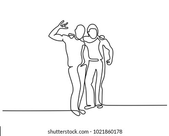 Continuous line drawing. Happy cheerful friends young men. Vector illustration
