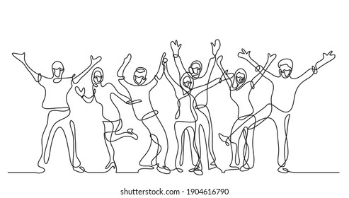continuous line drawing of happy cheerful crowd of people wearing face masks