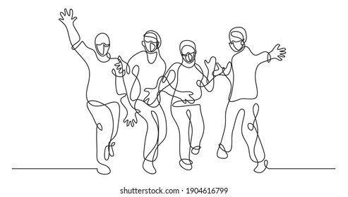 continuous line drawing of happy cheerful friends wearing face masks