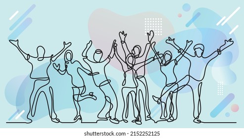 continuous line drawing of happy cheerful crowd of people