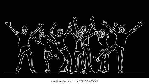 continuous line drawing of happy cheerful crowd of people wearing face masks