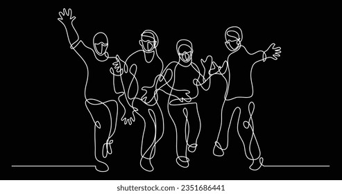 continuous line drawing of happy cheerful friends wearing face masks