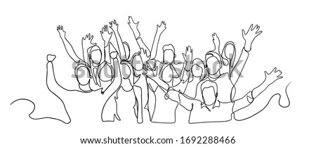 continuous line drawing of happy cheerful crowd of people. Cheerful crowd cheering illustration. Hands up. Group of applause people continuous one line vector drawing. Audience silhouette hand drawn.