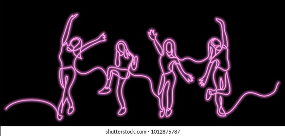 continuous line drawing of happy cheering team of girls with neon vector effect