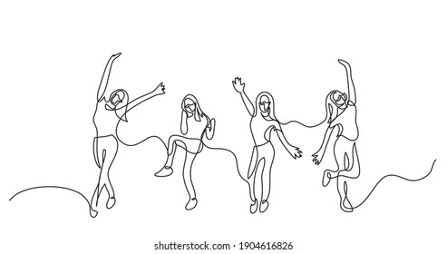continuous line drawing happy cheering team girls wearing face masks