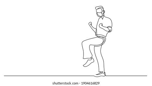 continuous line drawing of happy cheering man wearing face mask