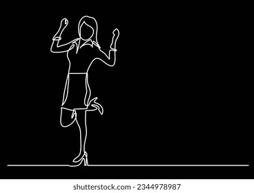 continuous line drawing of happy cheering woman