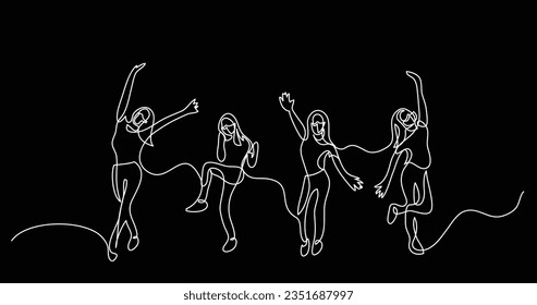 continuous line drawing of happy cheering team of girls wearing face masks