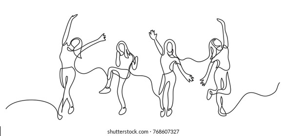 continuous line drawing happy cheering team girls