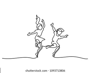 Continuous line drawing. Happy children dancing and jumping. Vector illustration. Concept for logo, card, banner, poster, flyer