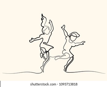 Continuous line drawing. Happy children dancing and jumping. Vector illustration. Concept for logo, card, banner, poster, flyer