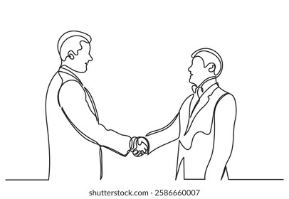 continuous line drawing of Happy confident business partners men shaking hands. Line art vector business people are meeting and shaking their hands to deal with a contract. concept of Trust agreement 