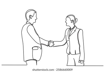 continuous line drawing of Happy confident business partners men shaking hands. Line art vector business people are meeting and shaking their hands to deal with a contract. concept of Trust agreement 