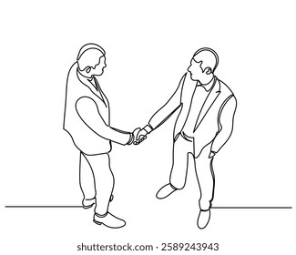 continuous line drawing of Happy confident business partners men shaking hands. Line art vector business people are meeting and shaking their hands to deal with a contract. concept of Trust agreement 