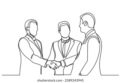 continuous line drawing of Happy confident business partners men shaking hands. Line art vector business people are meeting and shaking their hands to deal with a contract. concept of Trust agreement 