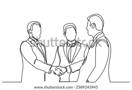 continuous line drawing of Happy confident business partners men shaking hands. Line art vector business people are meeting and shaking their hands to deal with a contract. concept of Trust agreement 