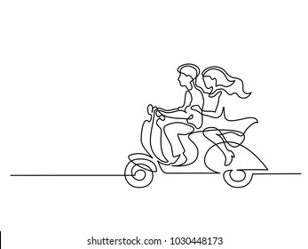 Continuous line drawing  Happy couple driving scooter  Vector illustration