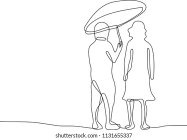 Continuous line drawing of happy couple standing with umbrella.