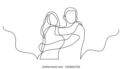 continuous line drawing of happy couple of man and woman hugging each other