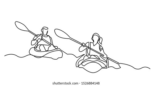 continuous line drawing of happy couple kayaking on lake