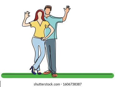 continuous line drawing of happy couple waving hello