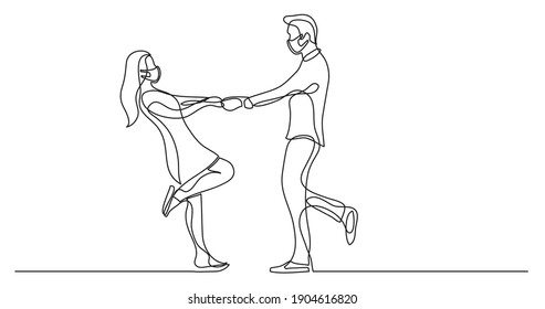 continuous line drawing of happy couple dancing together wearing face masks