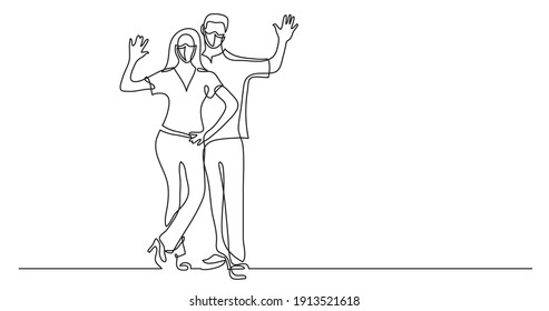 continuous line drawing of happy couple waving hello wearing face masks
