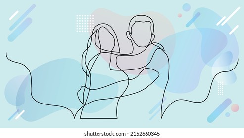 continuous line drawing of happy couple of man and woman hugging each other