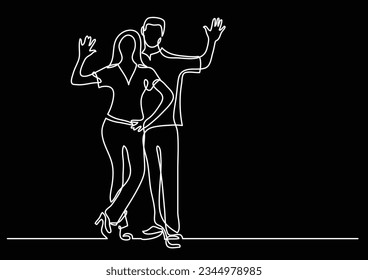 continuous line drawing of happy couple waving hello