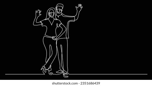 continuous line drawing of happy couple waving hello wearing face masks