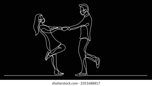 continuous line drawing of happy couple dancing together wearing face masks